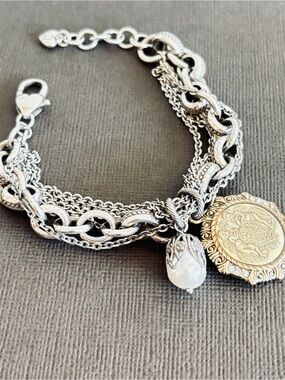 Brighton Two-Tone Multi-Chain Bracelet with Gold Medallion and Pearl Drop